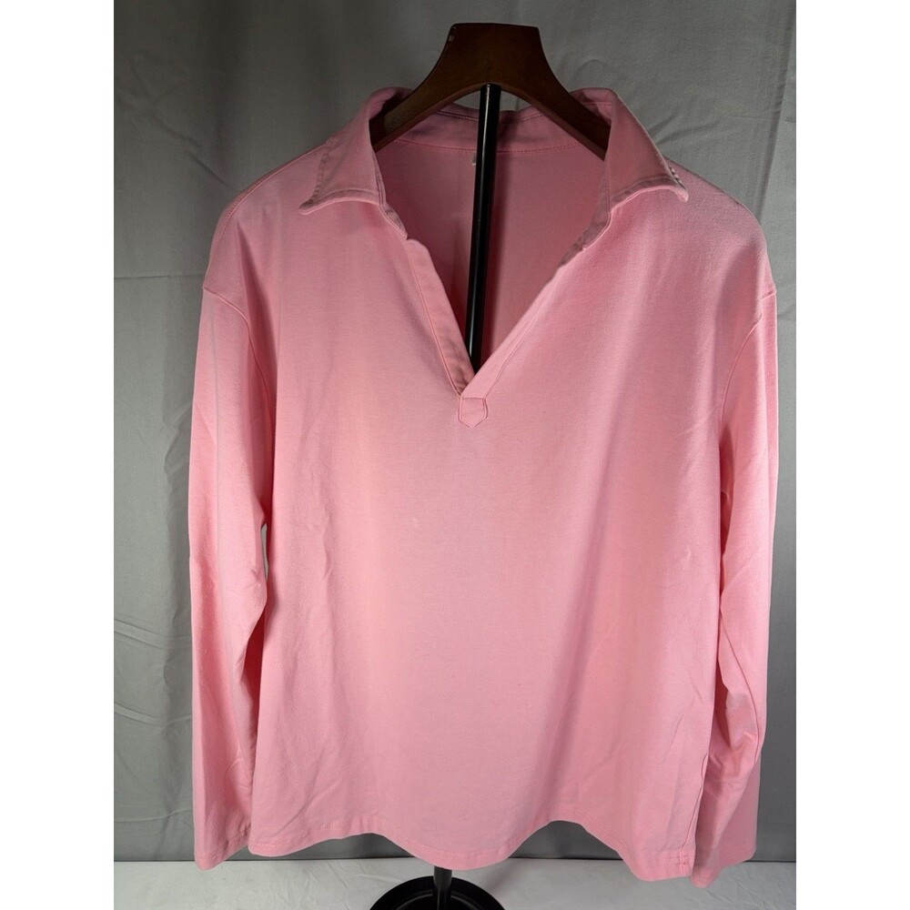 Unbranded Pink Long Sleeve Polo Shirt Women M Stretch Casual Knit Top
